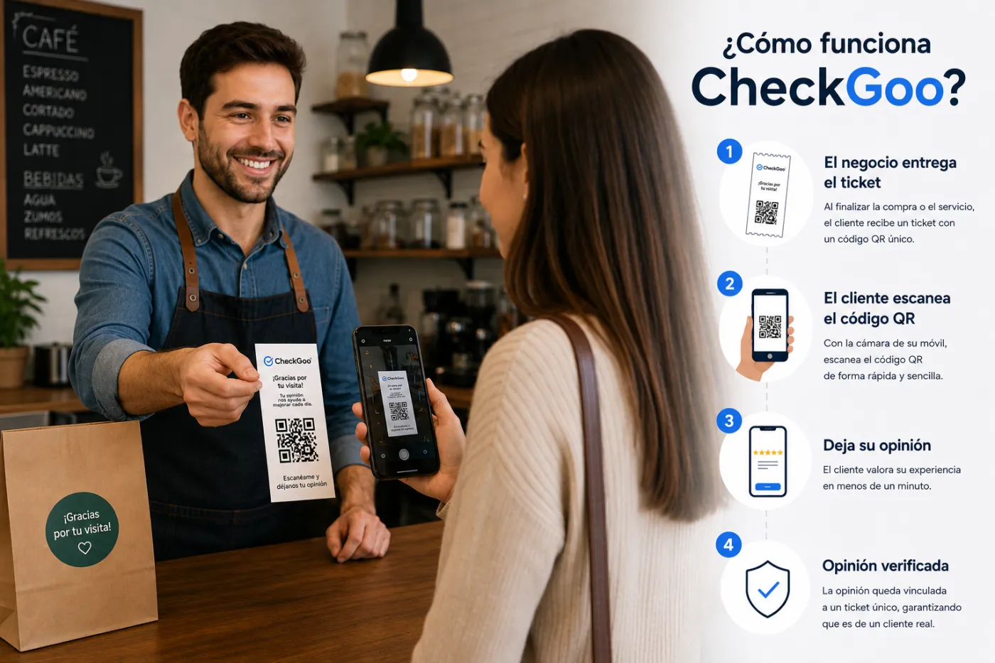Vendedor entregando un ticket con código QR de CheckGoo a una clienta para dejar una opinión verificada desde su teléfono móvil