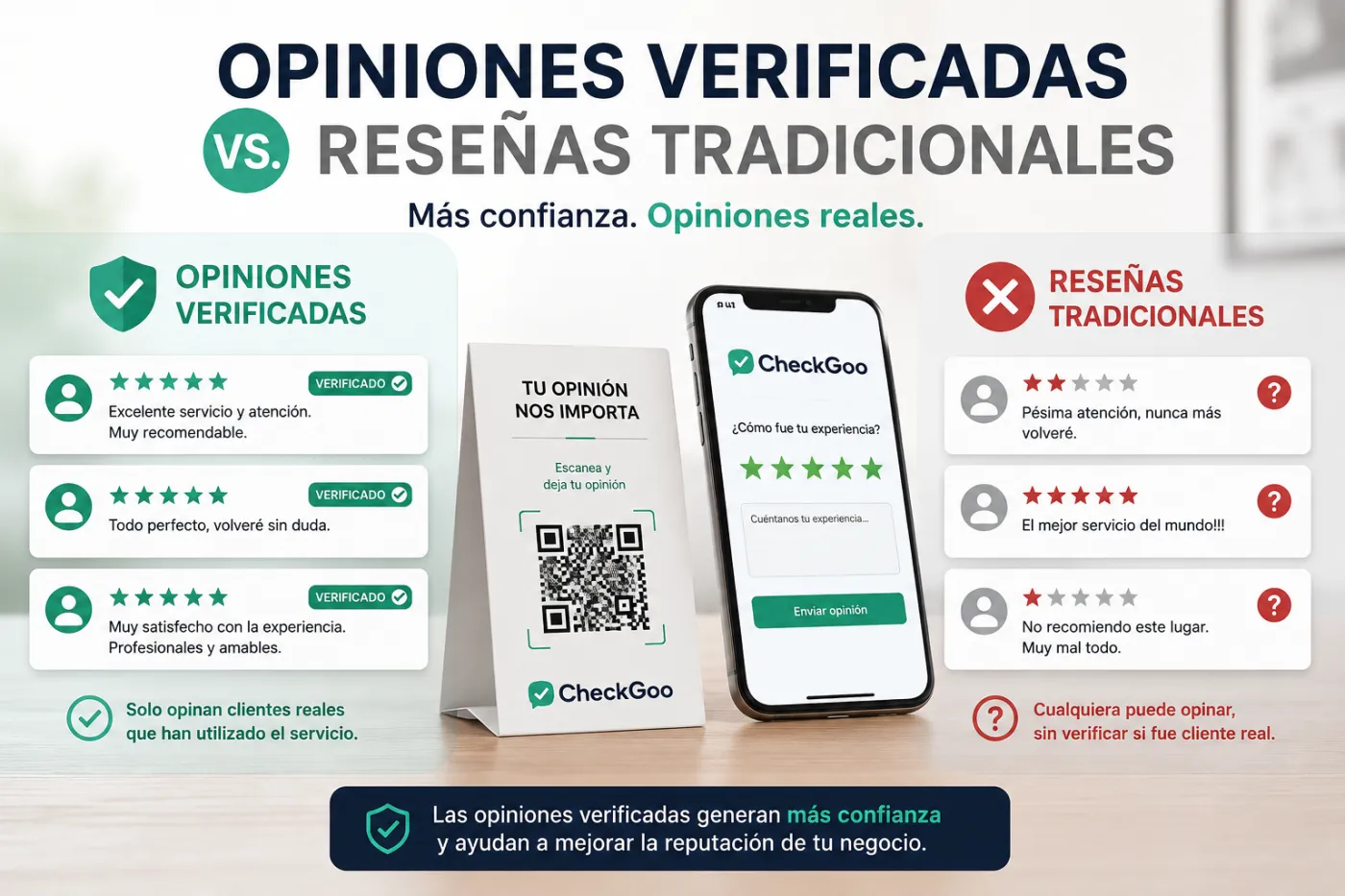 Comparativa entre opiniones verificadas de CheckGoo y reseñas tradicionales mostrando las ventajas de las valoraciones de clientes reales.